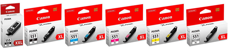Image of Canon Original 6 Ink Cartridge Set for [Printerlong] Pgi-555Pgbkxxl Black Extra High Capacity Cli-551Bkxl Black Cli-551Cxl Cyan Cli-551Mxl Magenta Cli-551Yxl Yellow Cli-551Gyxl Grey